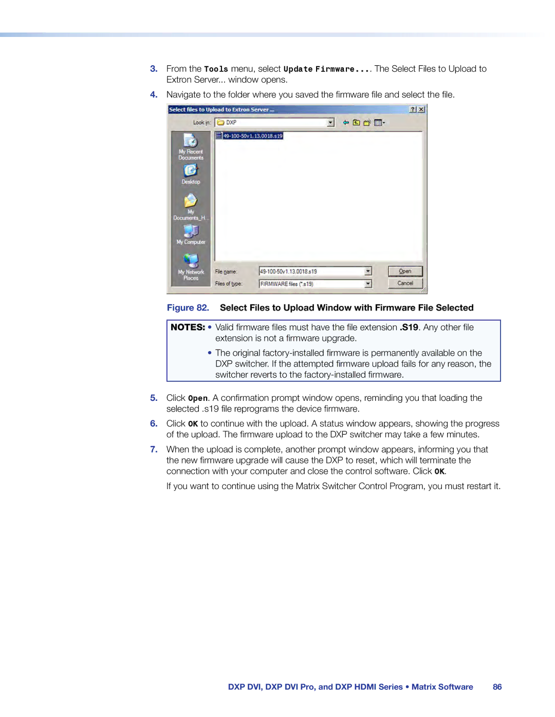 Extron electronic DXP DVI PRO manual Select Files to Upload Window with Firmware File Selected 