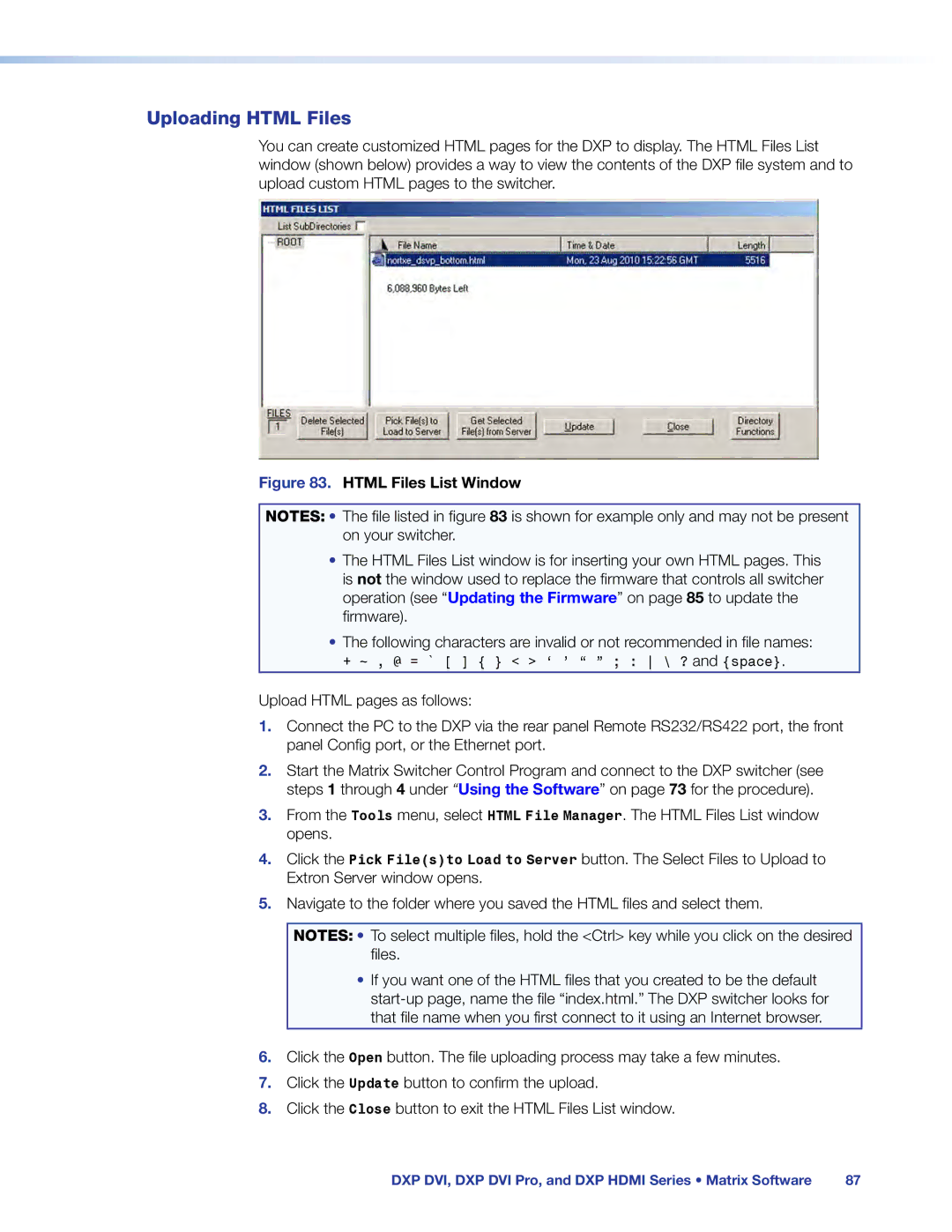 Extron electronic DXP DVI PRO manual Uploading Html Files, Html Files List Window 