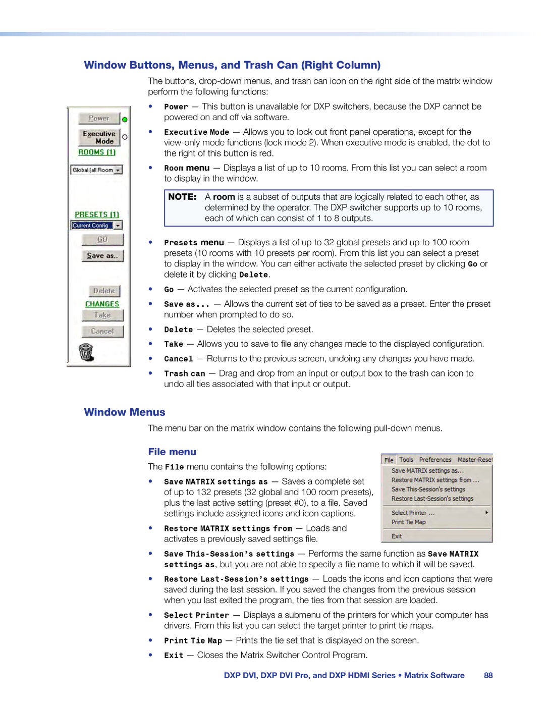 Extron electronic DXP DVI PRO manual Window Buttons, Menus, and Trash Can Right Column, Window Menus, File menu 