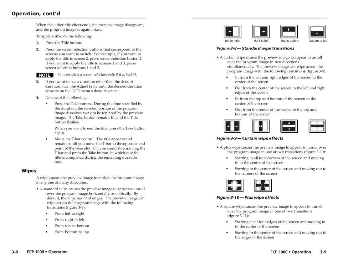 Extron electronic ECP 1000 user manual Wipes, Standard wipe transitions 