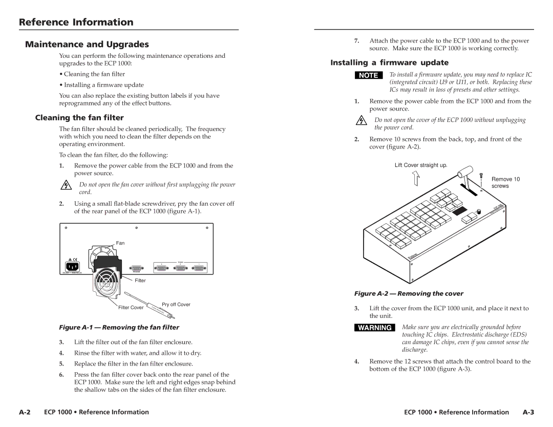 Extron electronic ECP 1000 user manual ReferencerenceInformation,cont’d Maintenance and Upgrades, Cleaning the fan filter 