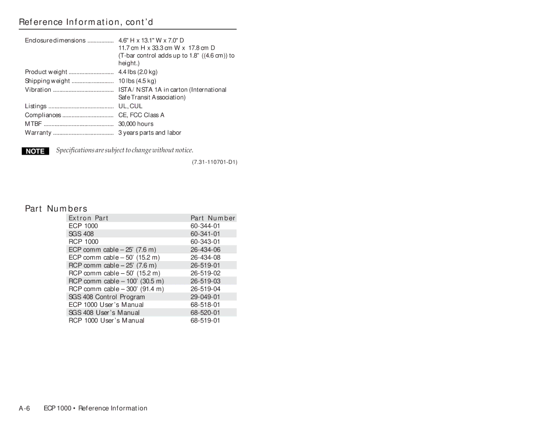 Extron electronic ECP 1000 user manual Part Numbers, Mtbf 