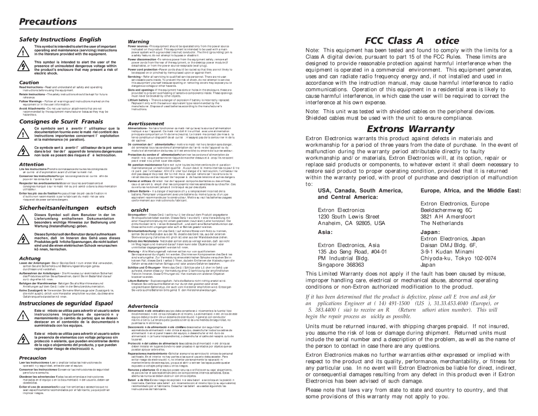 Extron electronic ECP 1000 user manual Precautions 