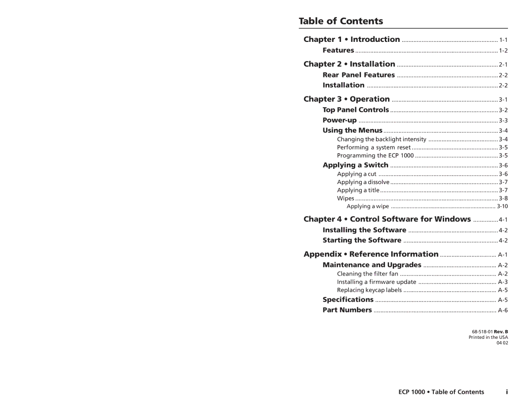 Extron electronic ECP 1000 user manual Table of Contents 