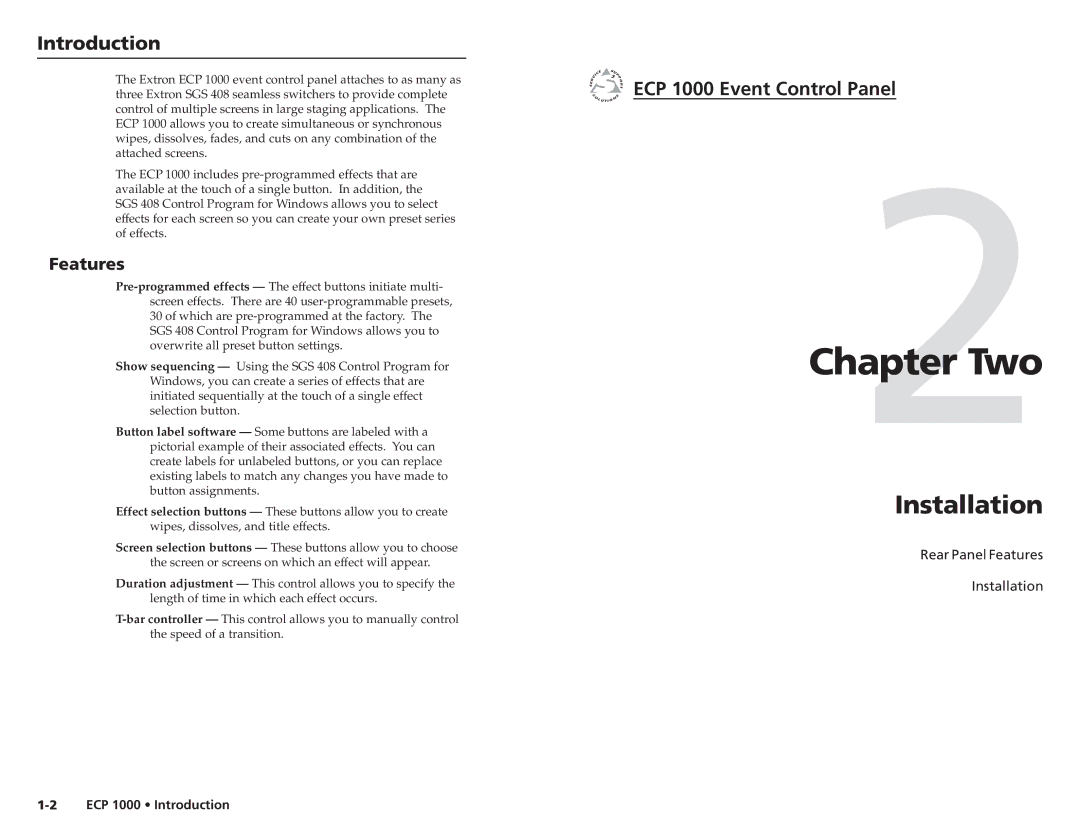 Extron electronic ECP 1000 user manual Two, Installation, Introductionroduction, cont’d, Features 