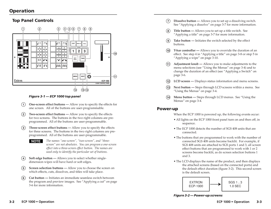 Extron electronic ECP 1000 user manual Operationration, cont’d Top Panel Controls, Power-up 