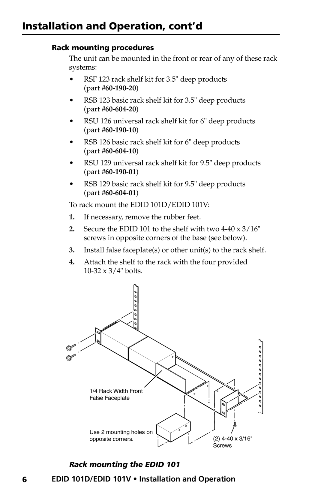 Extron electronic EDID 101V, EDID 101D user manual Installation and Operation, cont’d, Rack mounting procedures 