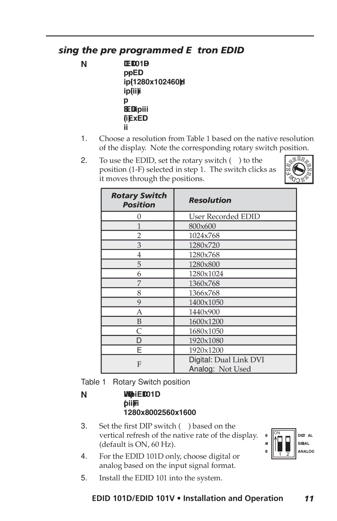 Extron electronic EDID 101D, EDID 101V user manual Using the pre-programmed Extron Edid, Rotary Switch Resolution Position 