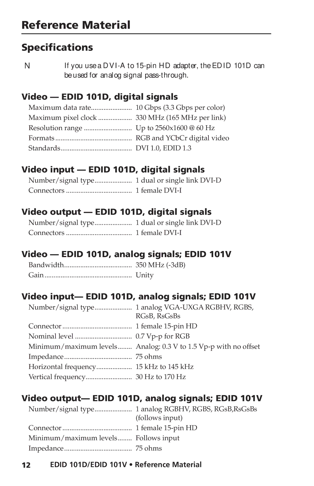 Extron electronic EDID 101V, EDID 101D user manual Reference Material, Specifications 