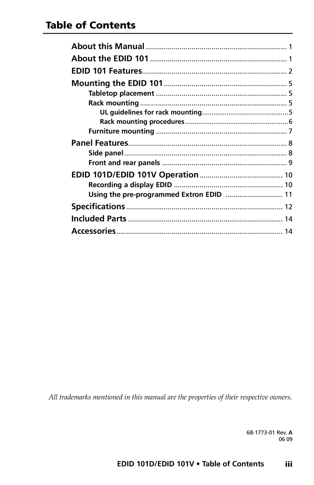 Extron electronic EDID 101V, EDID 101D user manual Table of Contents 