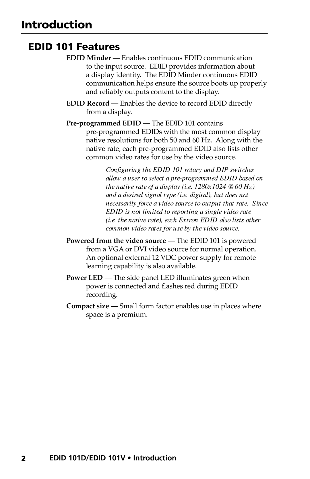 Extron electronic EDID 101V, EDID 101D user manual Introduction, Edid 101 Features 