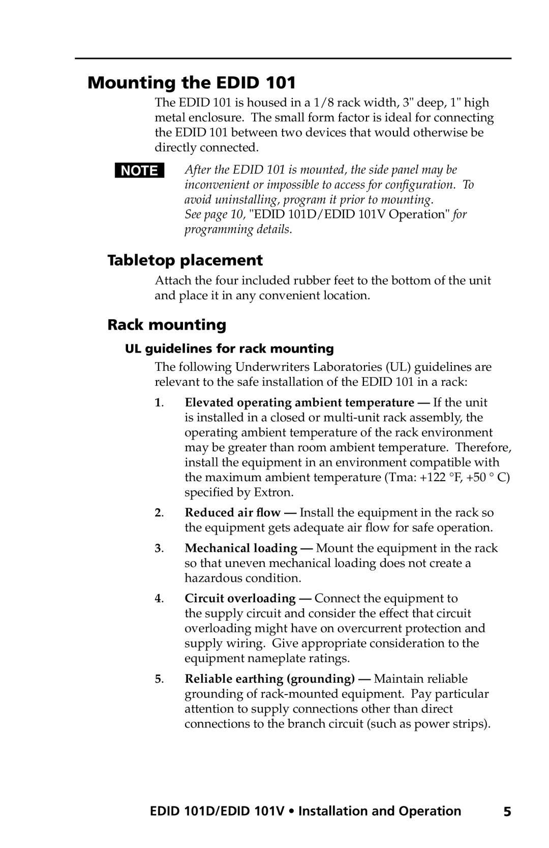 Extron electronic EDID 101D Mounting the Edid, Tabletop placement, Rack mounting, UL guidelines for rack mounting 