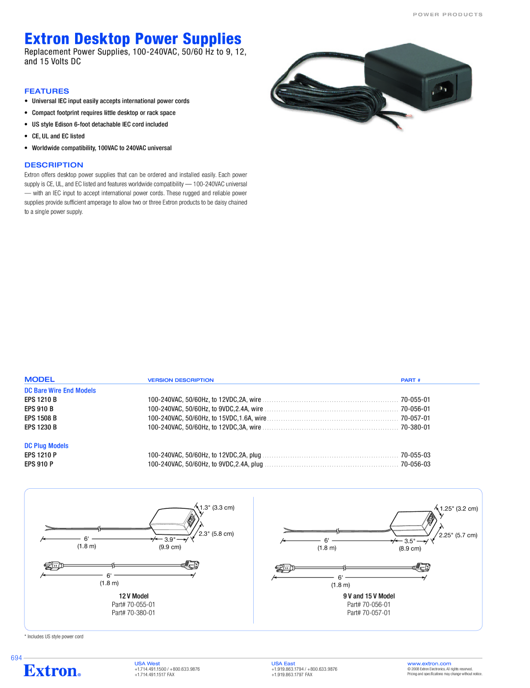 Extron electronic EPS 1508 B, EPS 910 B, EPS 1230 B, EPS 1210 P specifications Extron Desktop Power Supplies, Description 