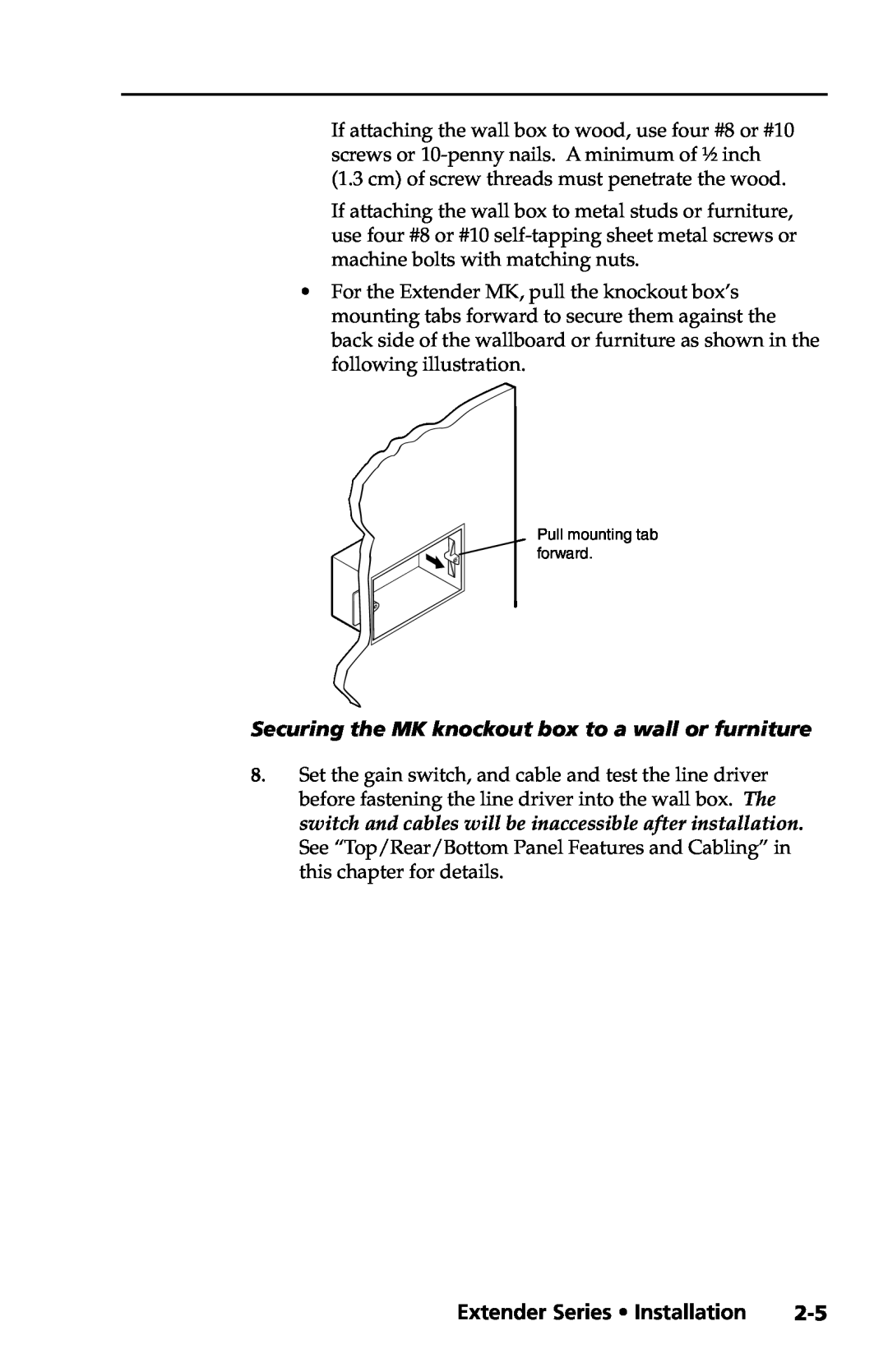 Extron electronic manual Preliminary, Extender Series Installation, Securing the MK knockout box to a wall or furniture 
