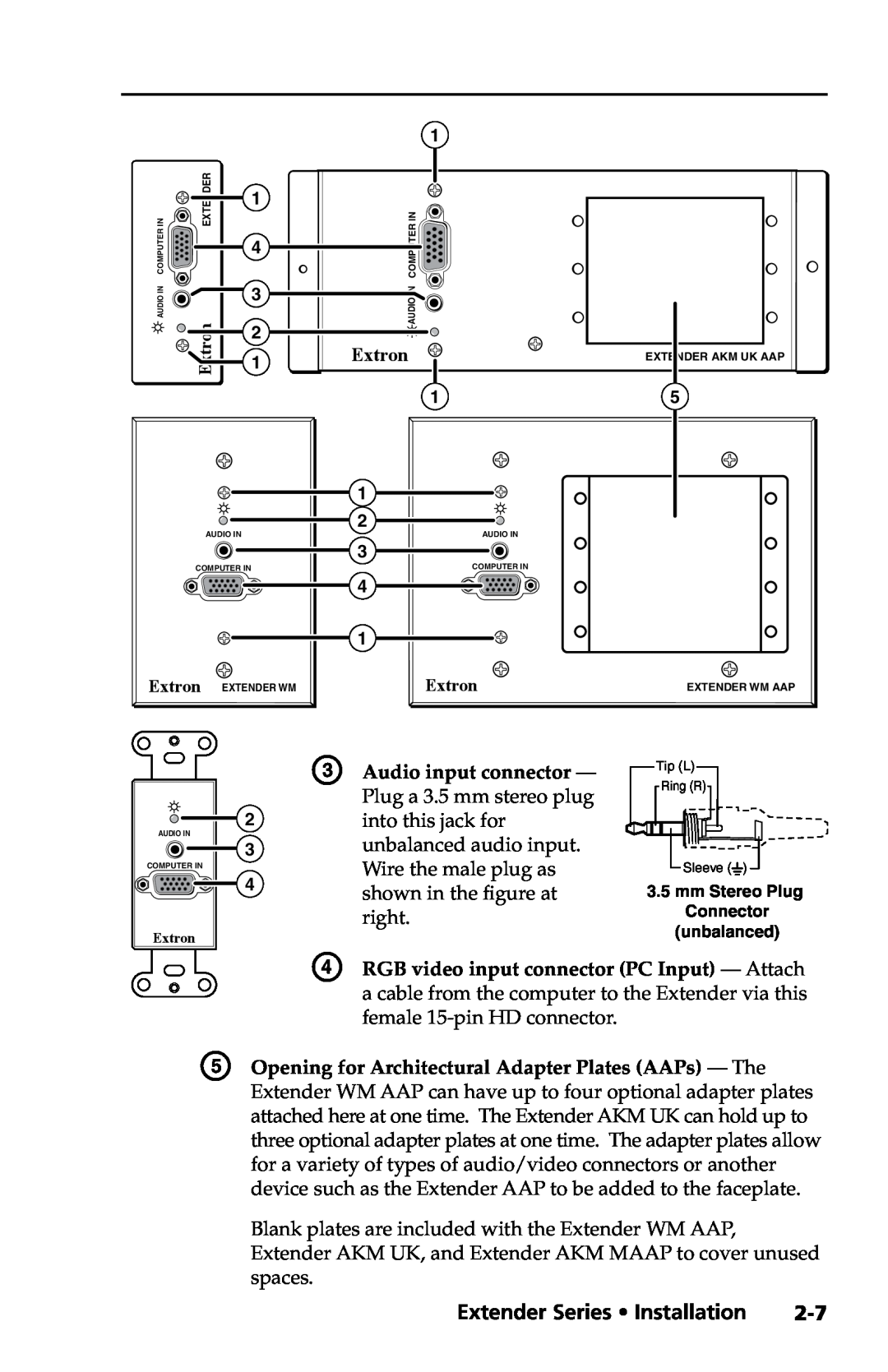 Extron electronic Extender Series manual Audio input connector, RGB video input connector PC Input - Attach, unbalanced 