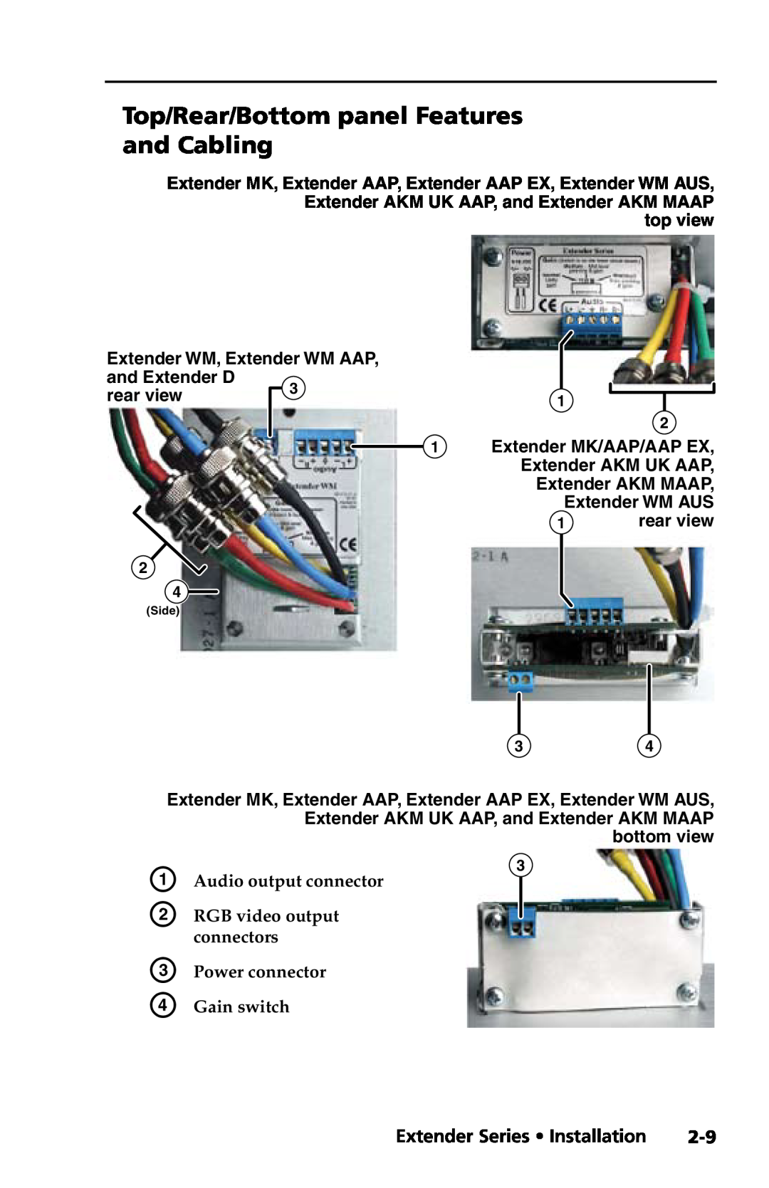 Extron electronic Extender Series manual Top/Rear/Bottom panel Features and Cabling, D Gain switch, Preliminary 