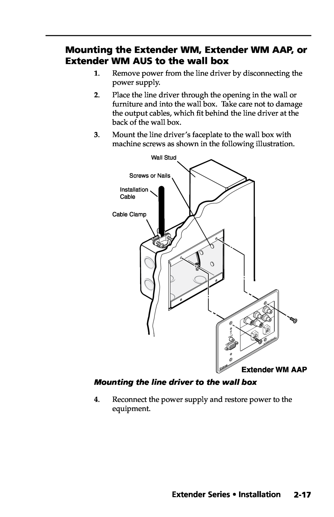 Extron electronic Extender Series manual 2-17, Preliminary, Extender WM AAP, Mounting the line driver to the wall box 