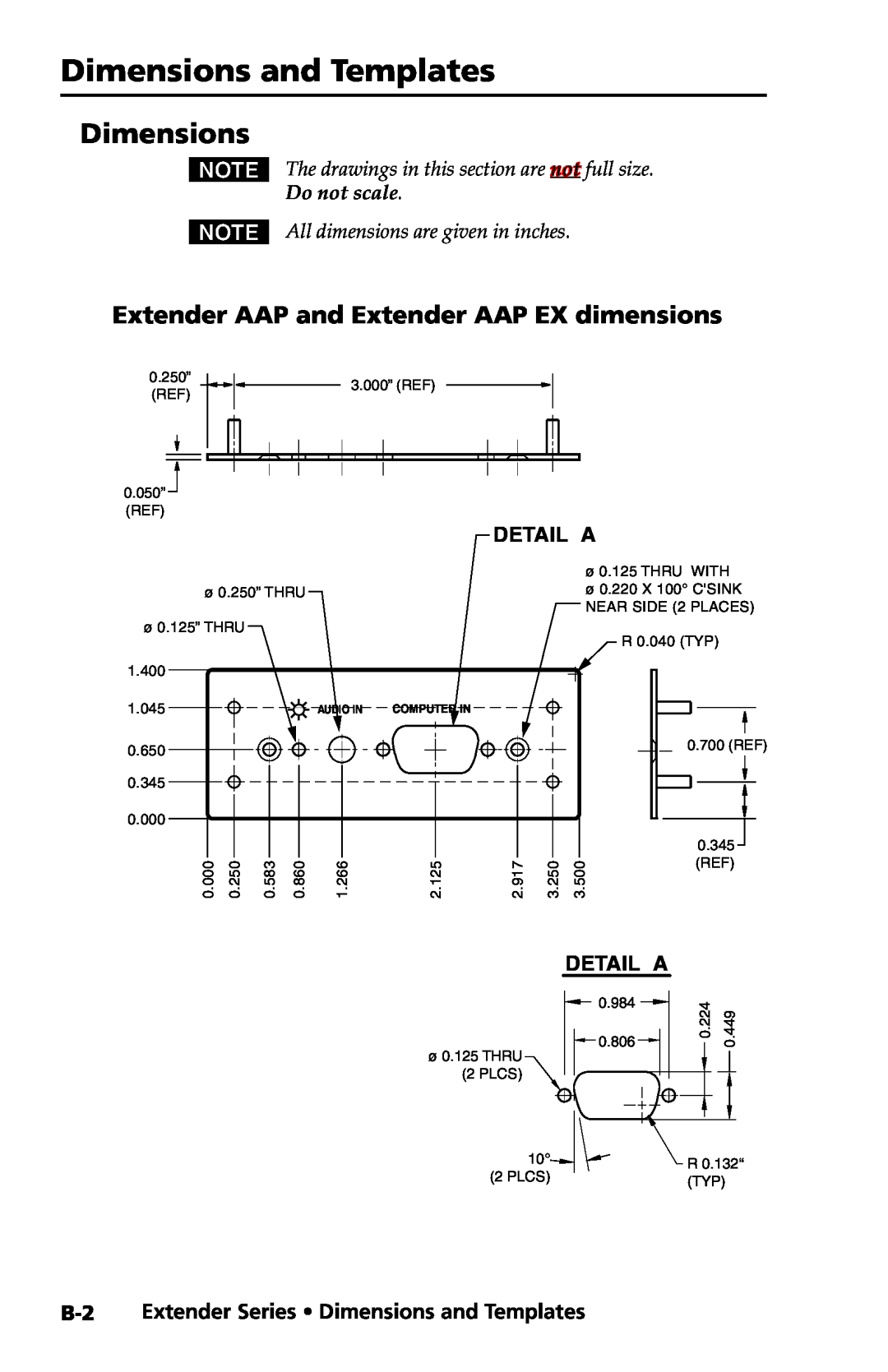 Extron electronic Extender Series manual Dimensions and Templates, Extender AAP and Extender AAP EX dimensions, Detail A 