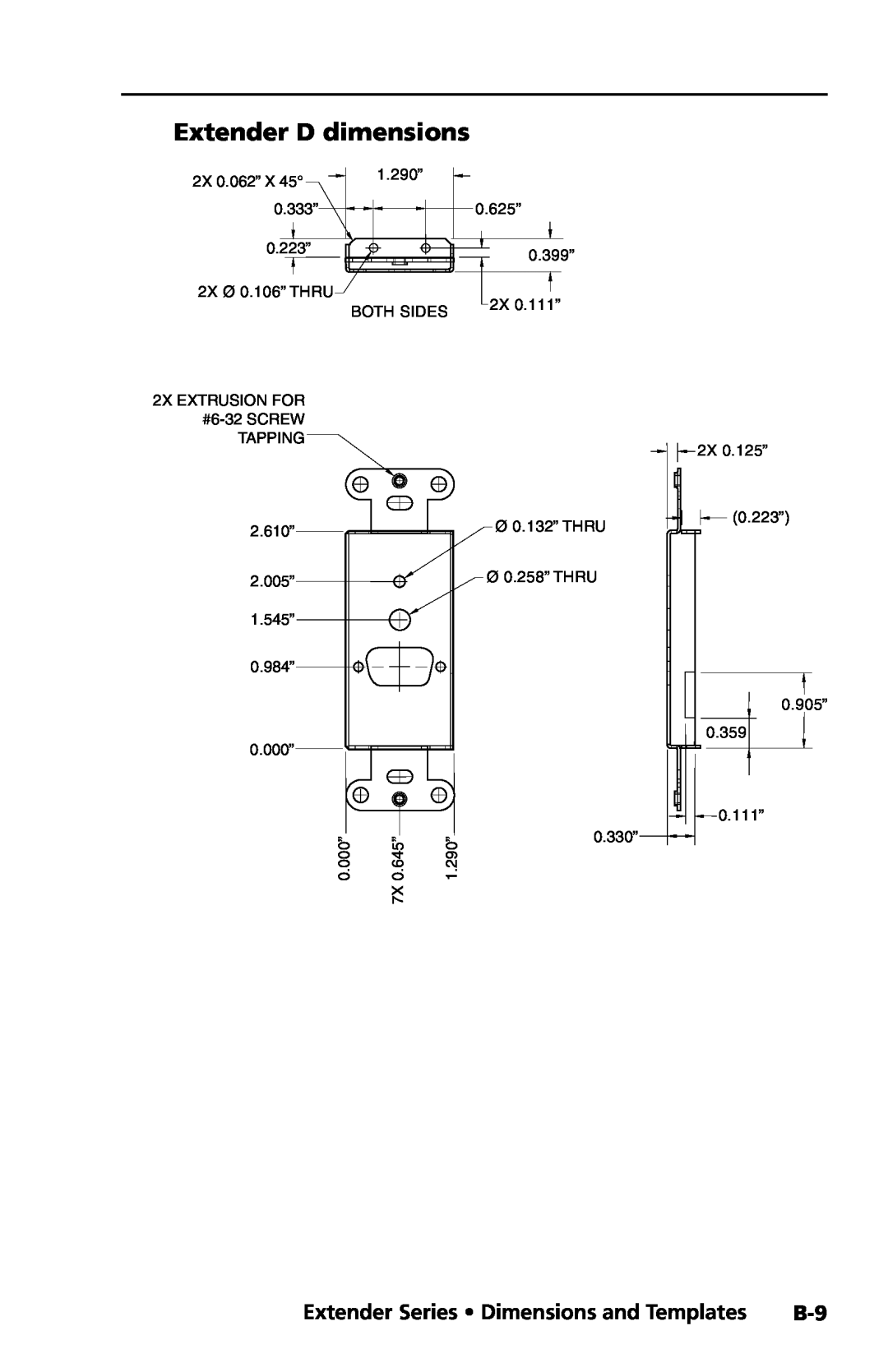 Extron electronic manual Extender D dimensions, Preliminary, Extender Series Dimensions and Templates, Tapping 