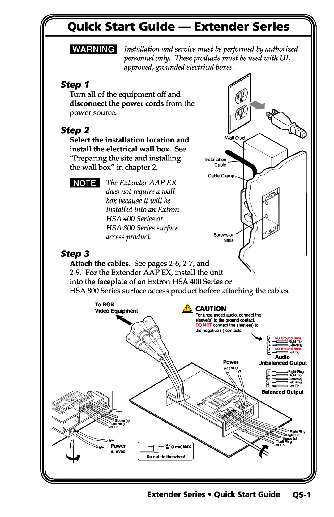 Extron electronic manual Quick Start Guide - Extender Series, Step, Extender Series Quick Start Guide QS-1 