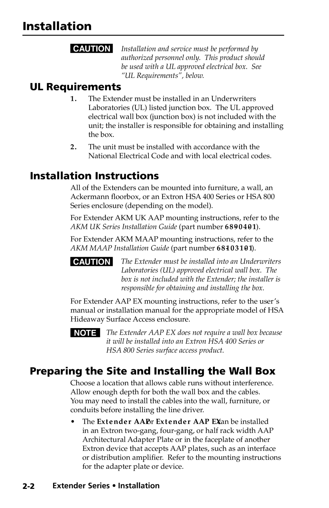 Extron electronic Extender Series manual UL Requirements, Installation Instructions 