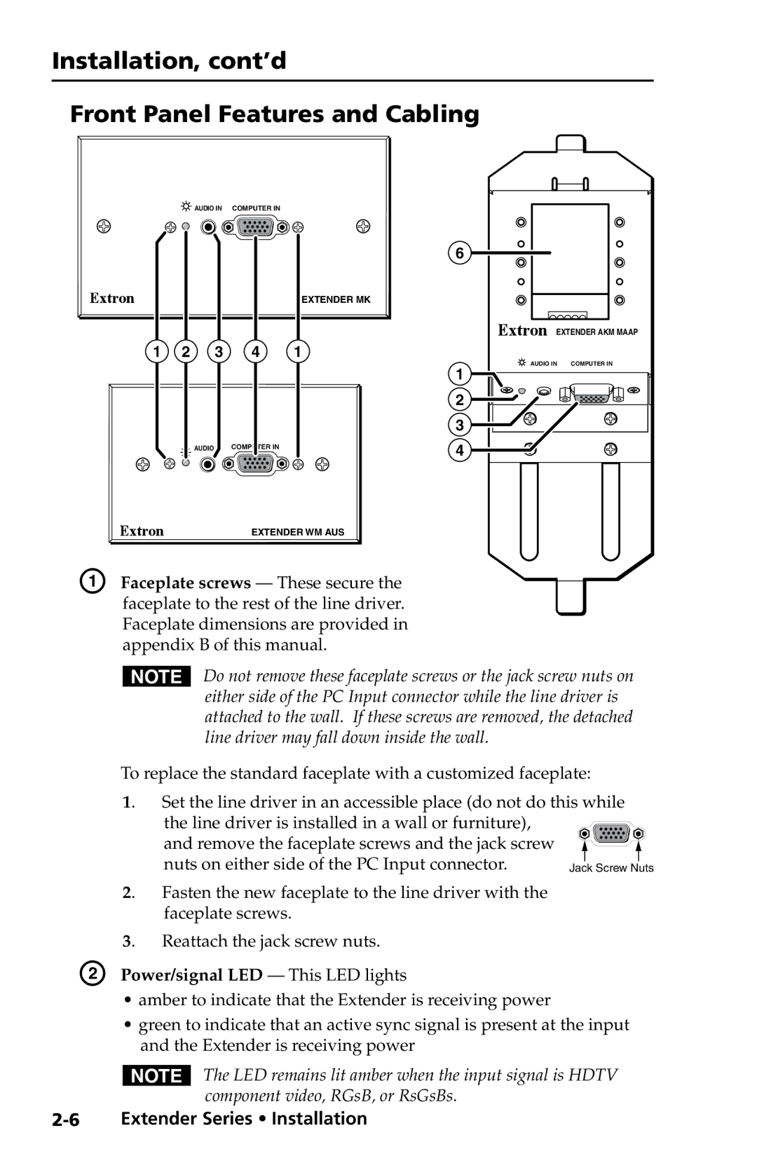 Extron electronic Extender Series manual Installation, cont’d Front Panel Features and Cabling 