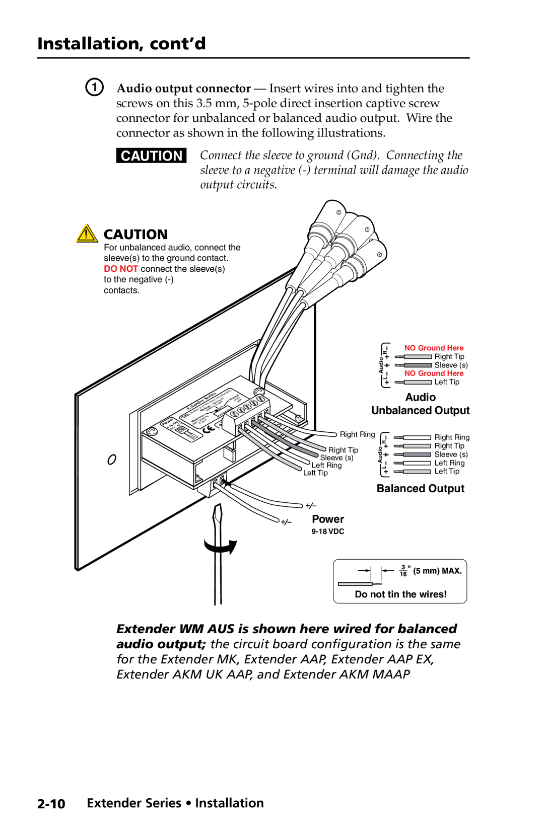 Extron electronic Extender Series manual Audio output connector Insert wires into and tighten 