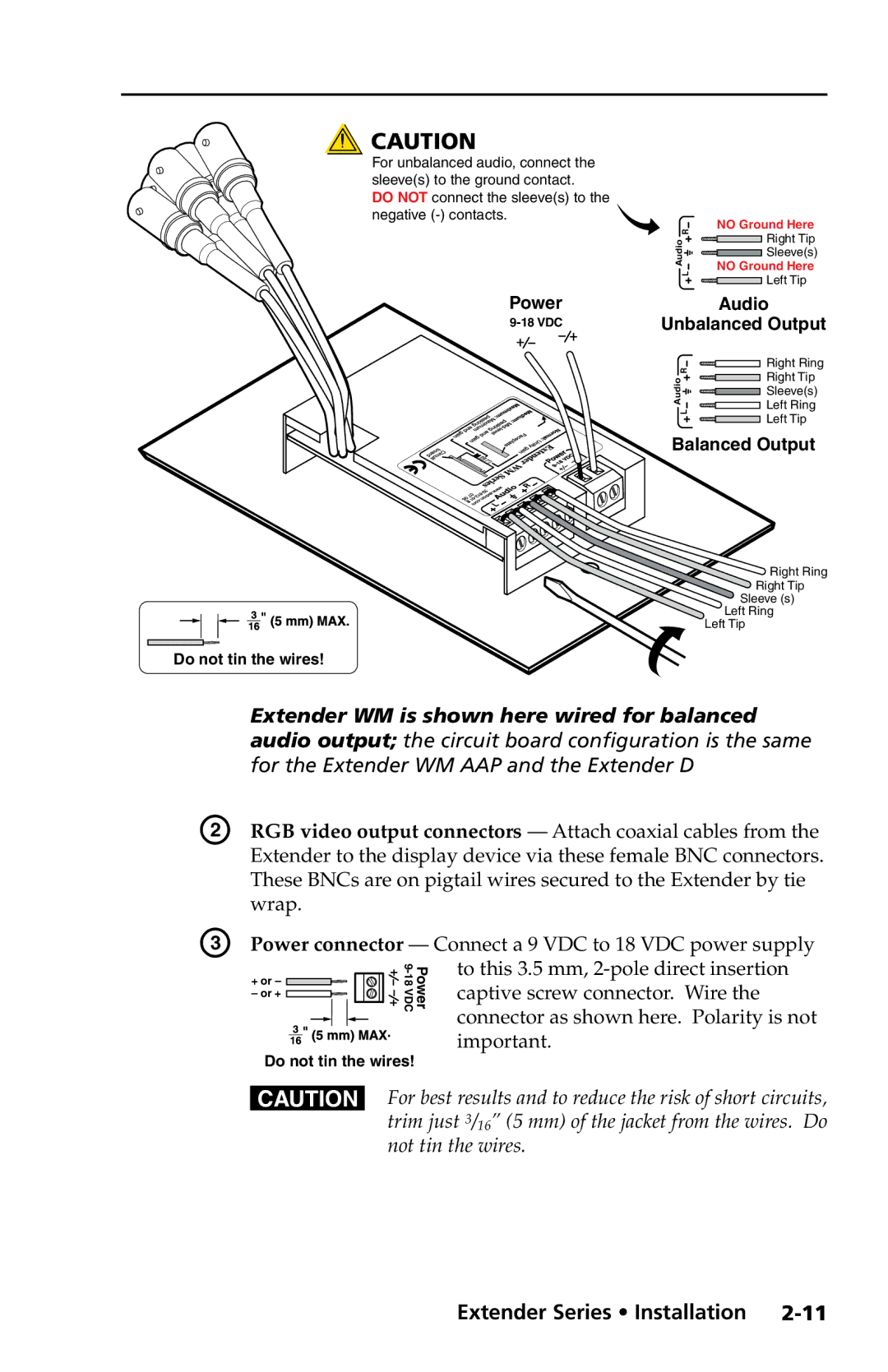 Extron electronic Extender Series manual Extender WM is shown here wired for balanced 