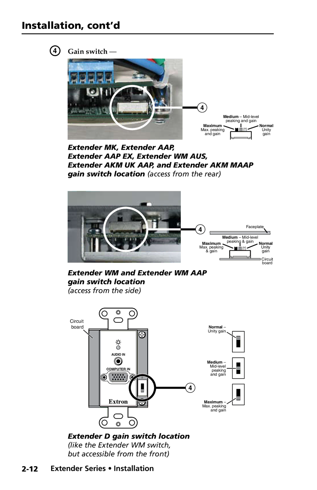 Extron electronic Extender Series manual Extender D gain switch location 