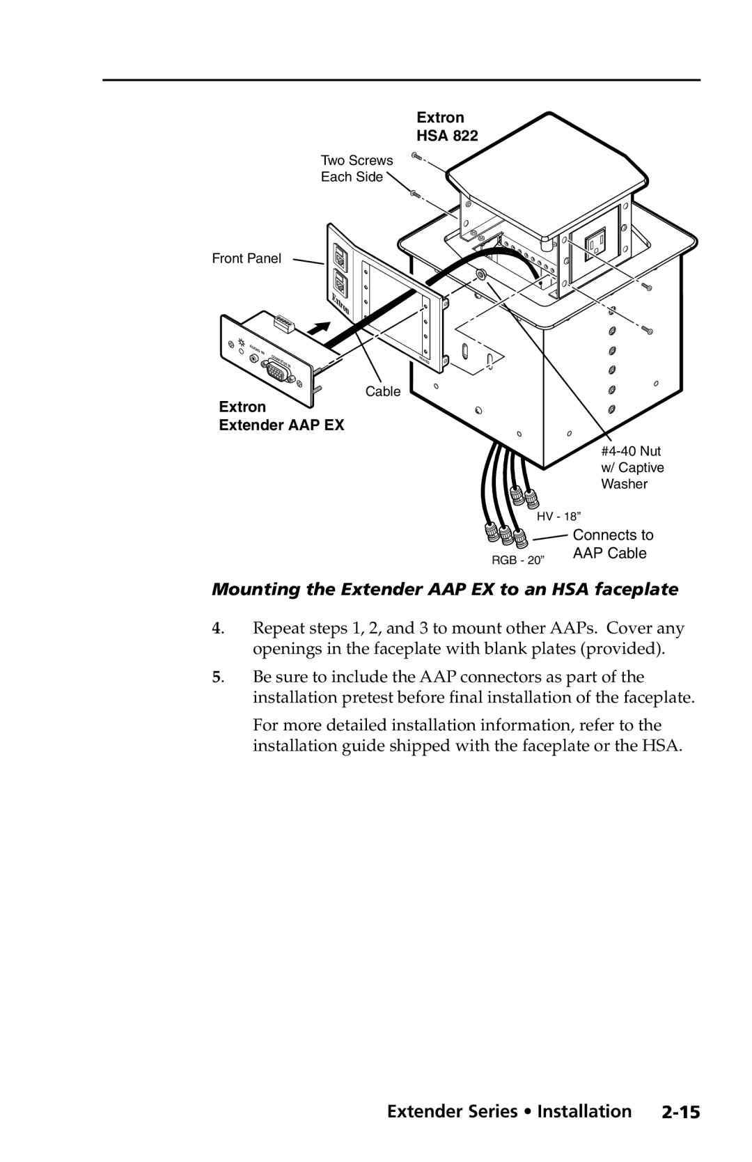 Extron electronic Extender Series manual Mounting the Extender AAP EX to an HSA faceplate 