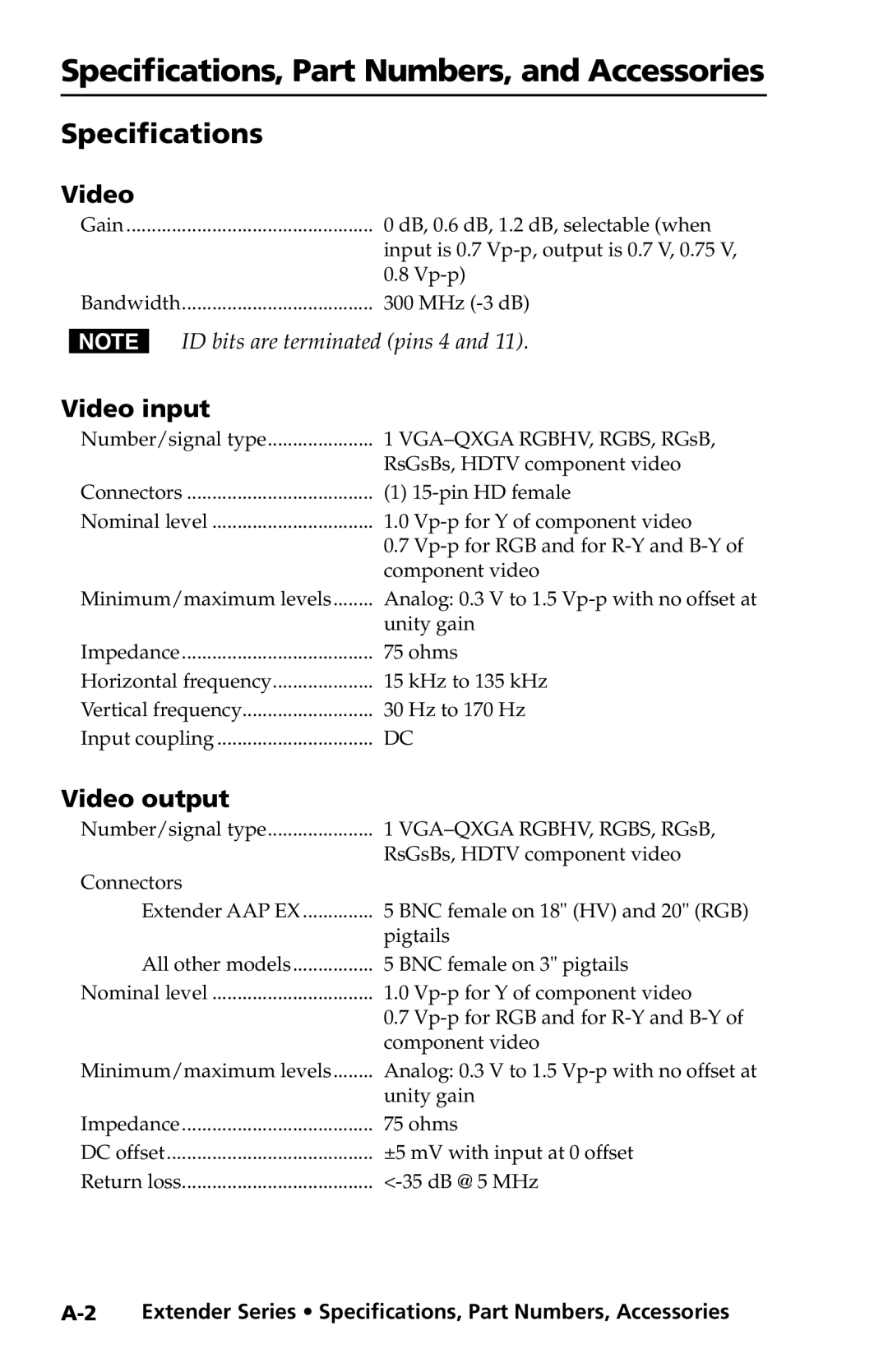 Extron electronic Extender Series manual Specifications, Part Numbers, and Accessories, Video input, Video output 