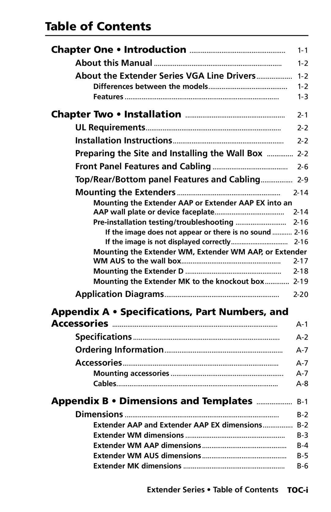 Extron electronic Extender Series manual Table of Contents 