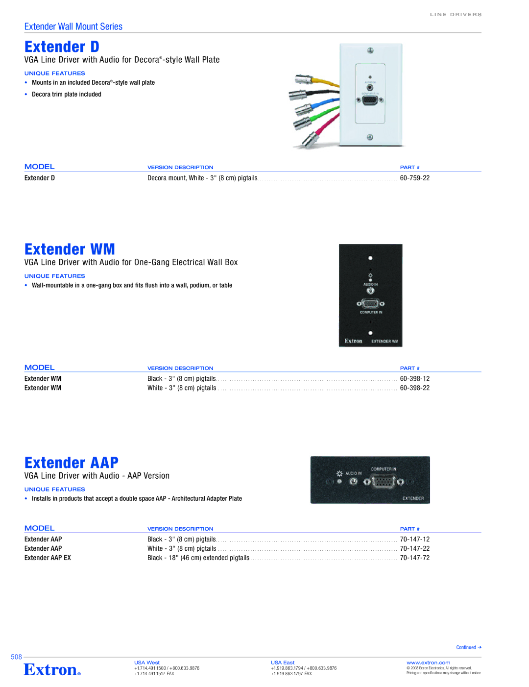 Extron electronic Extender Wall Mount Series specifications Extender D, Extender WM, Extender AAP 