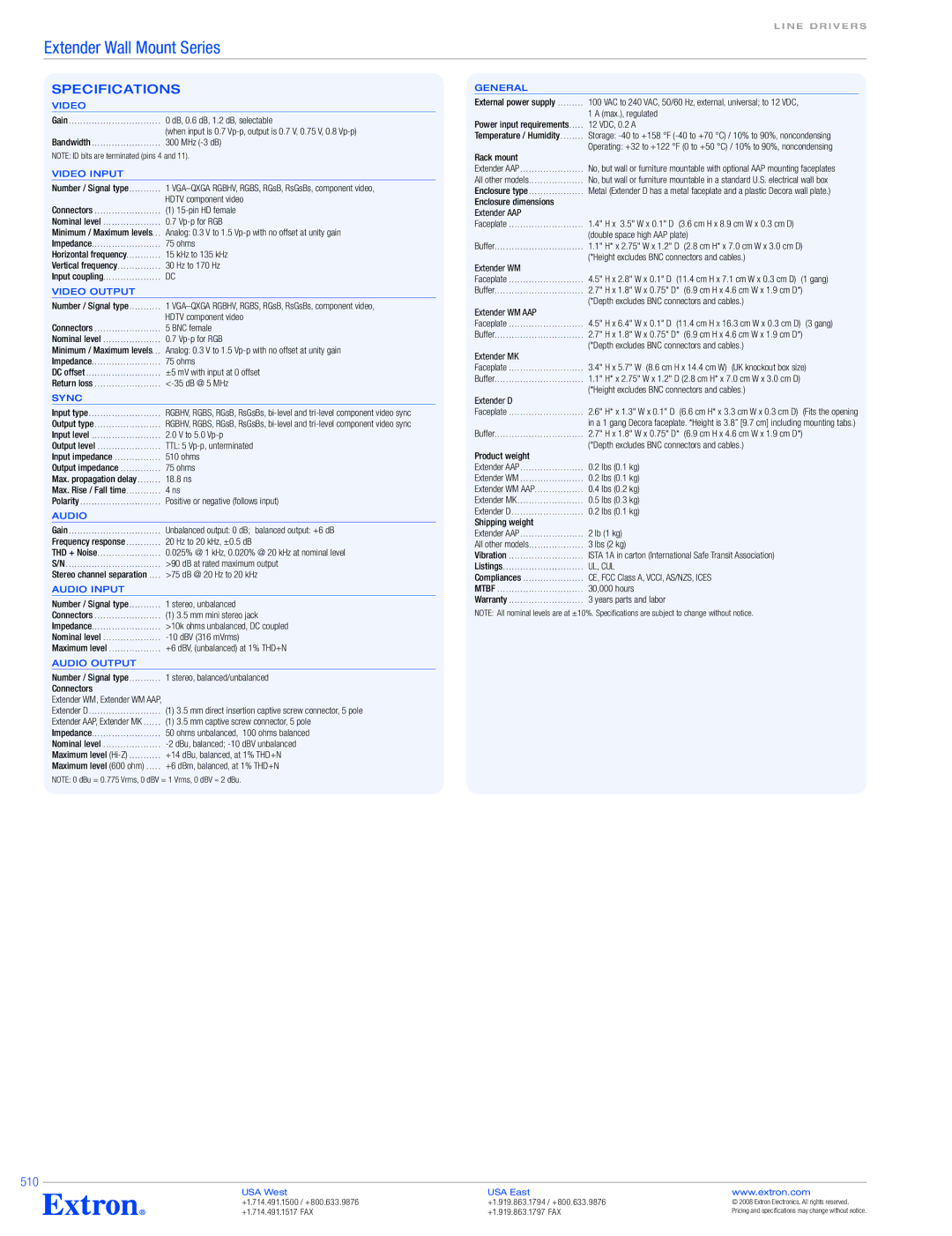 Extron electronic Extender Wall Mount Series specifications Specifications, 510 