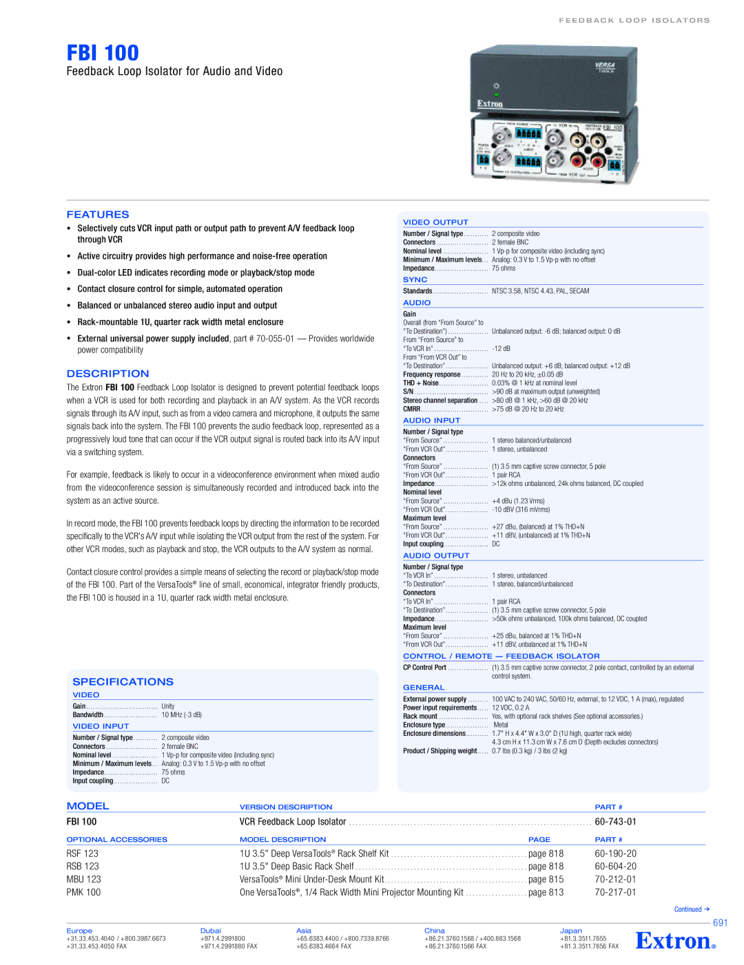 Extron electronic FBI 100 specifications Features, Model, 691 