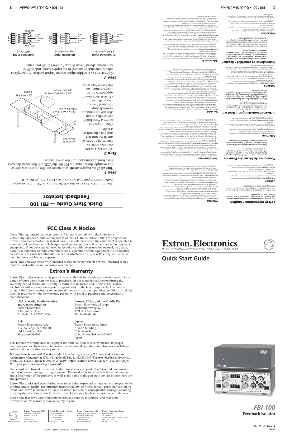 Extron electronic FBI 100 user manual Advertencia, Vorsicht, Avertissement, Precaucion, Achtung 