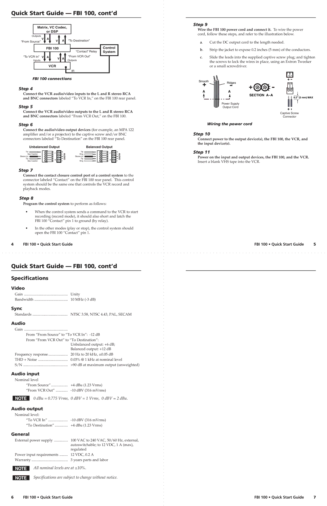 Extron electronic FBI 100 user manual Video, Sync, Audio input, Audio output, General 