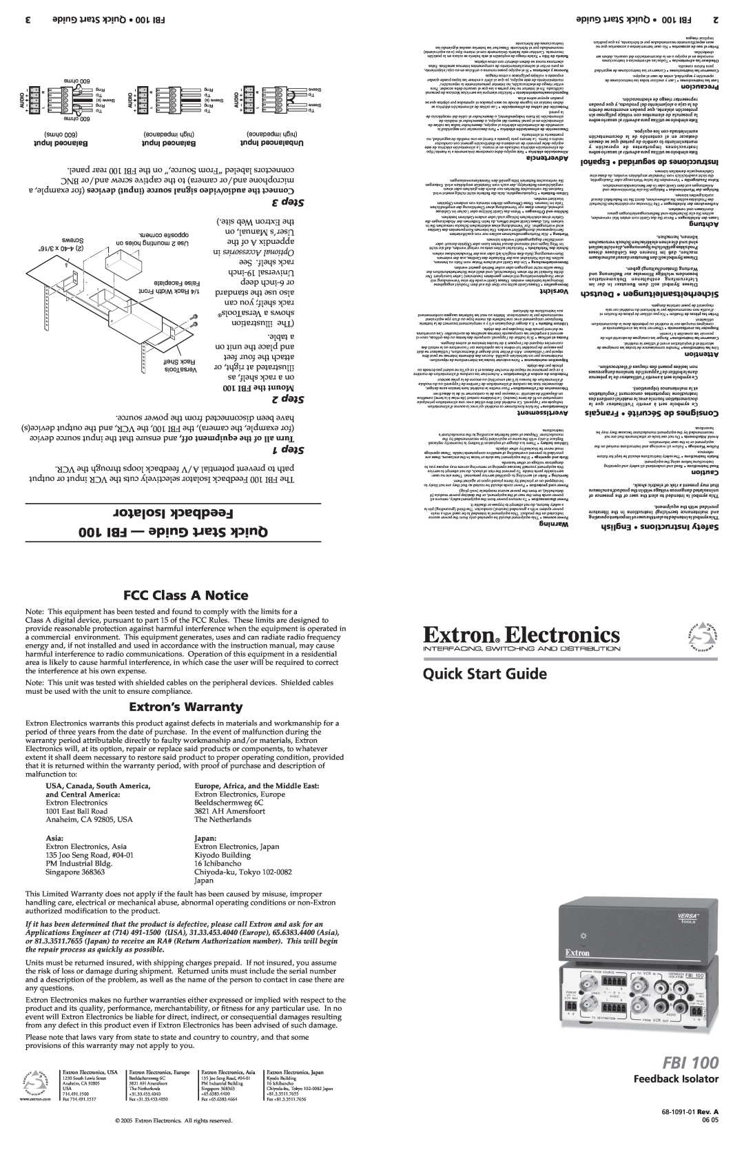Extron electronic FBI 100 user manual Isolator Feedback, FBI - Guide Start Quick, FCC Class A Notice, Extron’s Warranty 