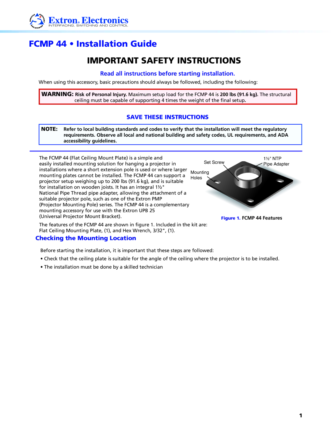 Extron electronic FCMP 44 important safety instructions Important Safety Instructions, Checking the Mounting Location 