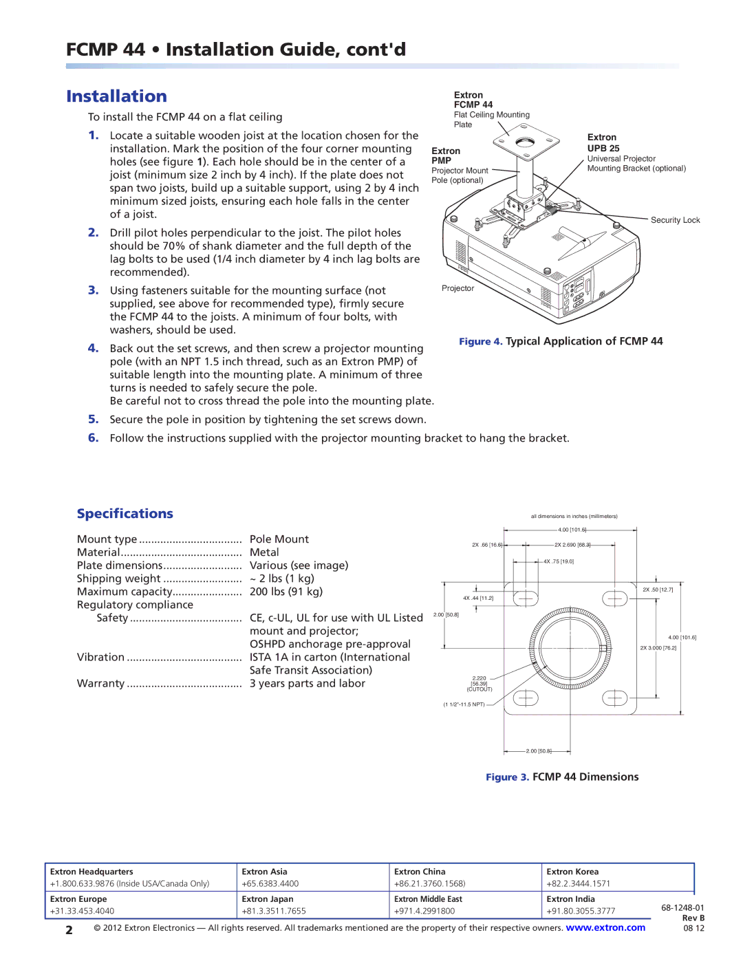 Extron electronic FCMP 44 important safety instructions Fcmp 44 Installation Guide, contd, Specifications 