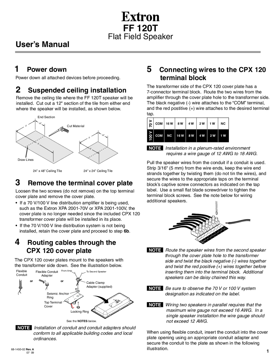 Extron electronic FF 120T user manual Power down, Suspended ceiling installation, Remove the terminal cover plate 