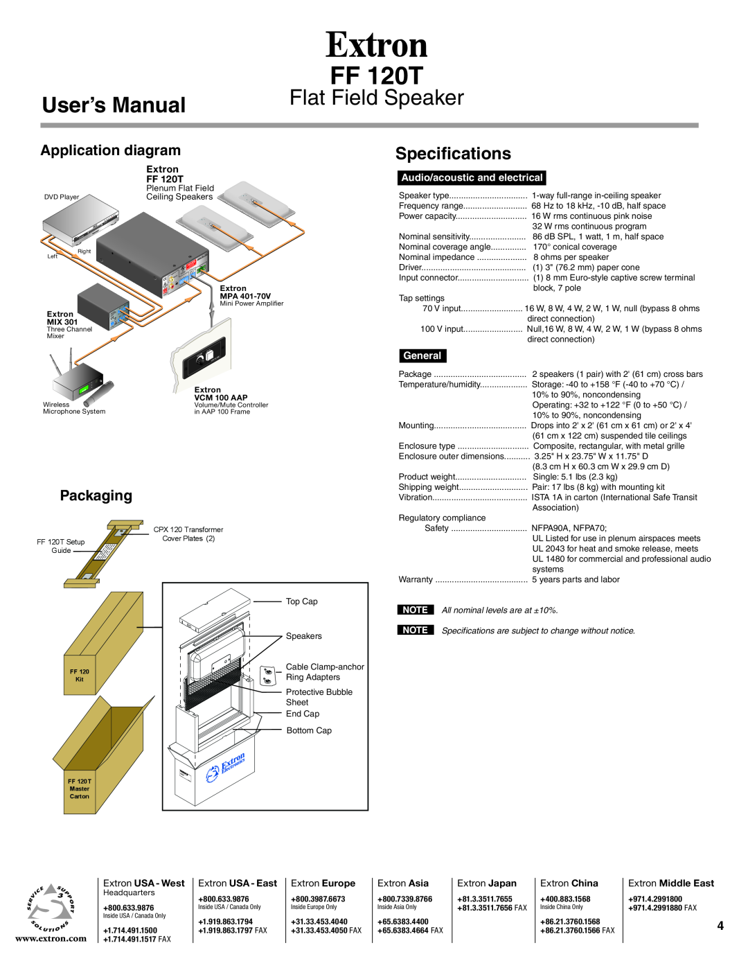 Extron electronic FF 120T Flat Field Speaker, Specifications, Application diagram, Packaging, Extron FF120T, General 