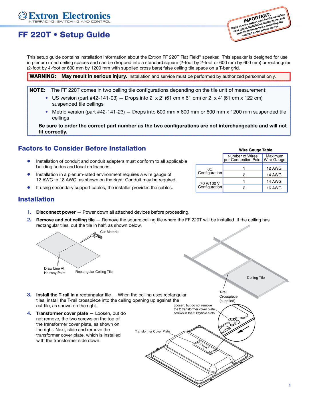 Extron electronic FF 220T setup guide IMPOR.com, Wire Gauge Table 