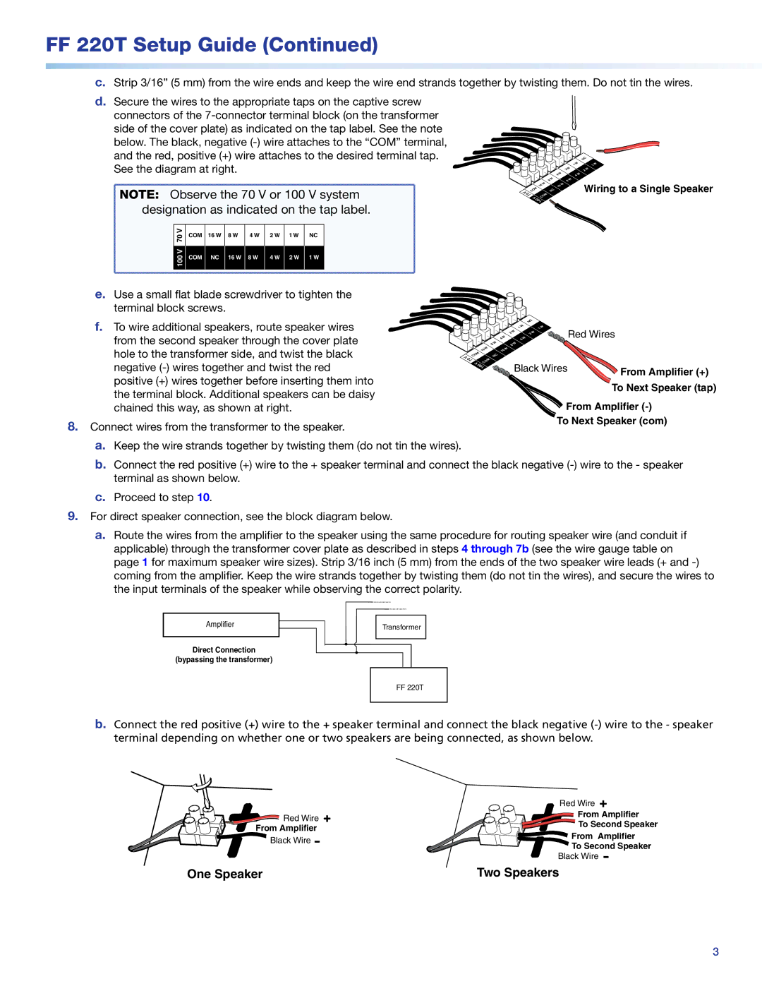 Extron electronic FF 220T Wiring to a Single Speaker, Red Wires, Black Wires, From Amplifier To Next Speaker com 