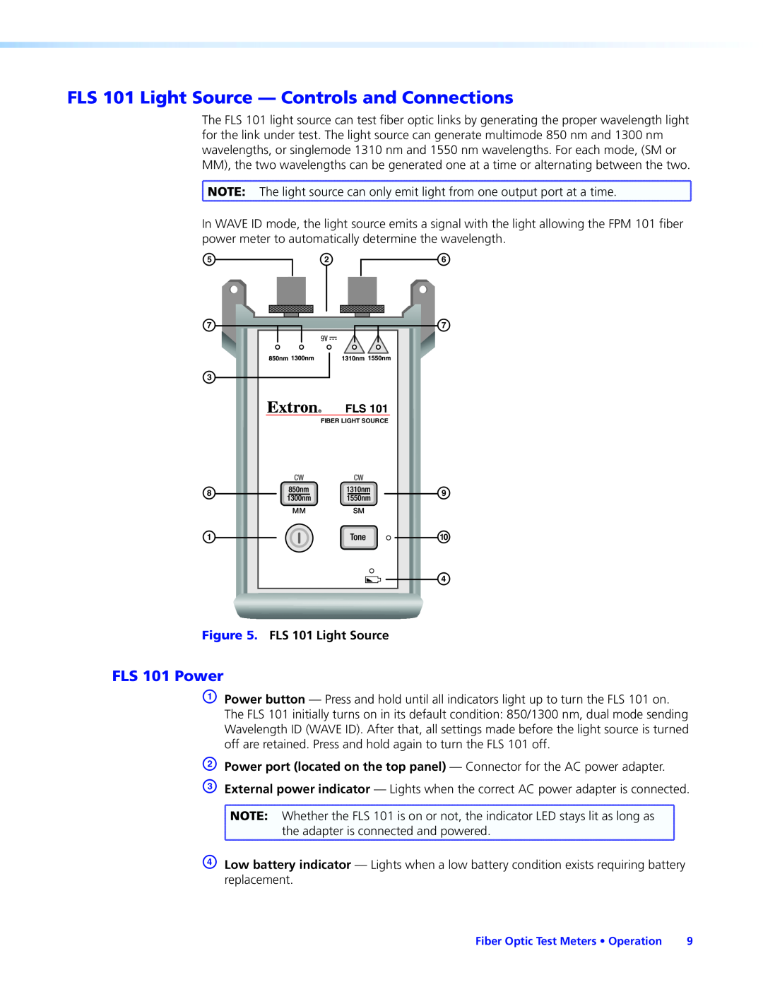 Extron electronic FPM 101 manual FLS 101 Light Source - Controls and Connections, e g c h a, f g i j d, FLS 101 Power 