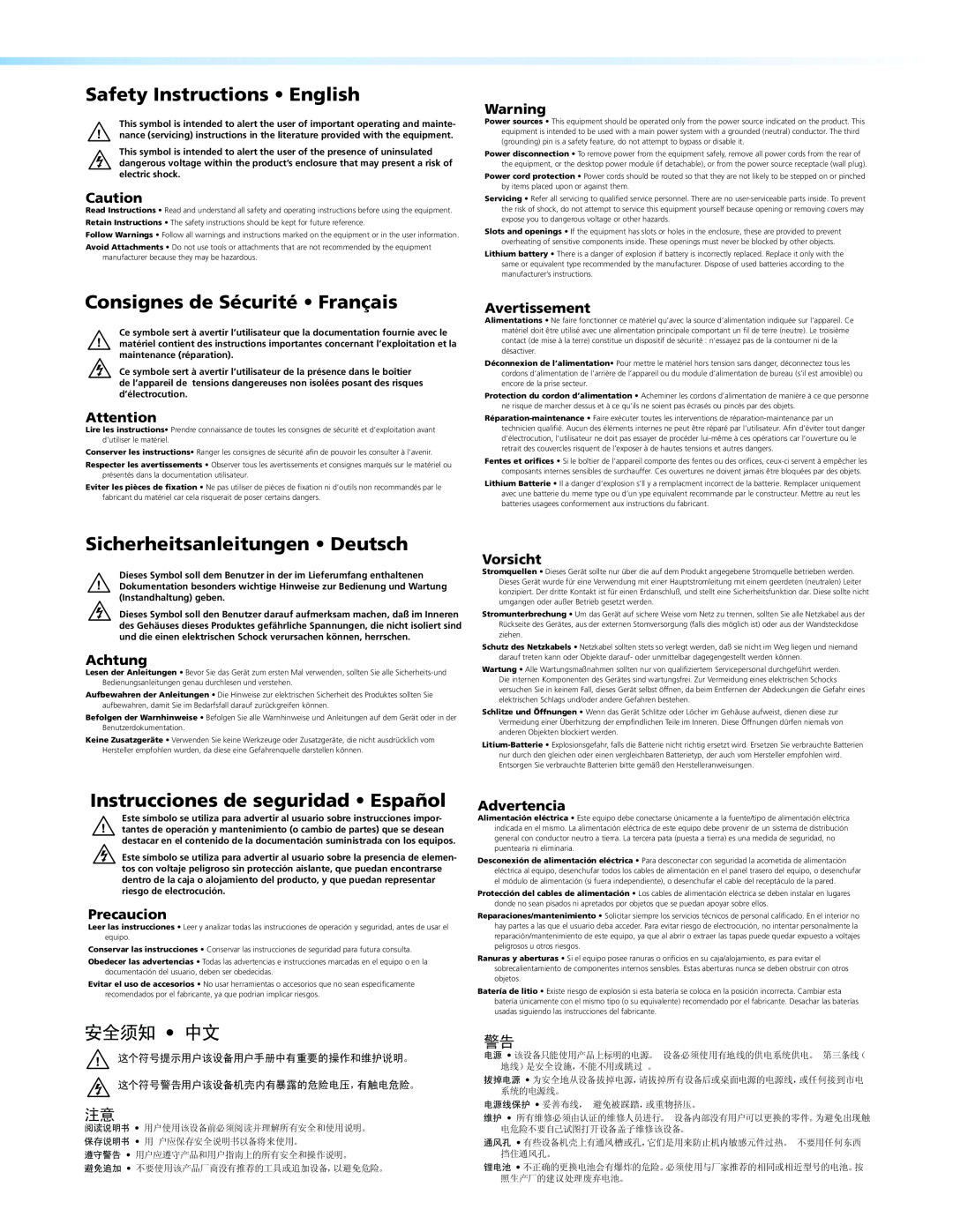 Extron electronic FLS 101 Safety Instructions English, Consignes de Sécurité Français, Sicherheitsanleitungen Deutsch 