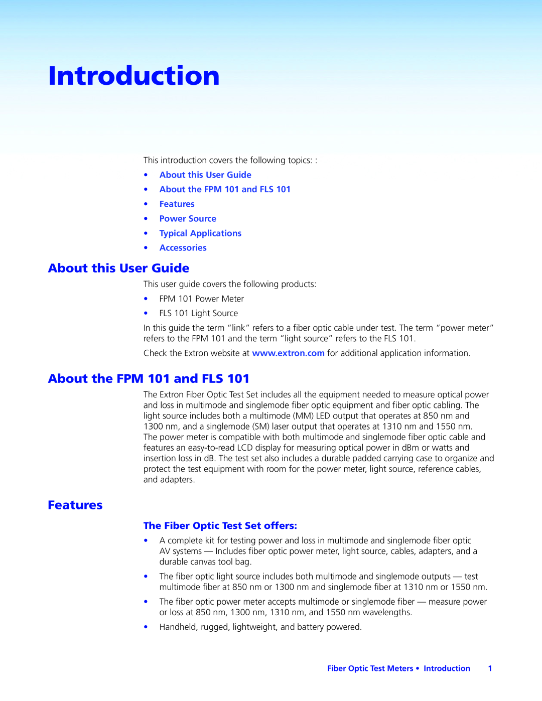 Extron electronic FLS 101 manual Introduction, About this User Guide, About the FPM 101 and FLS, Features 