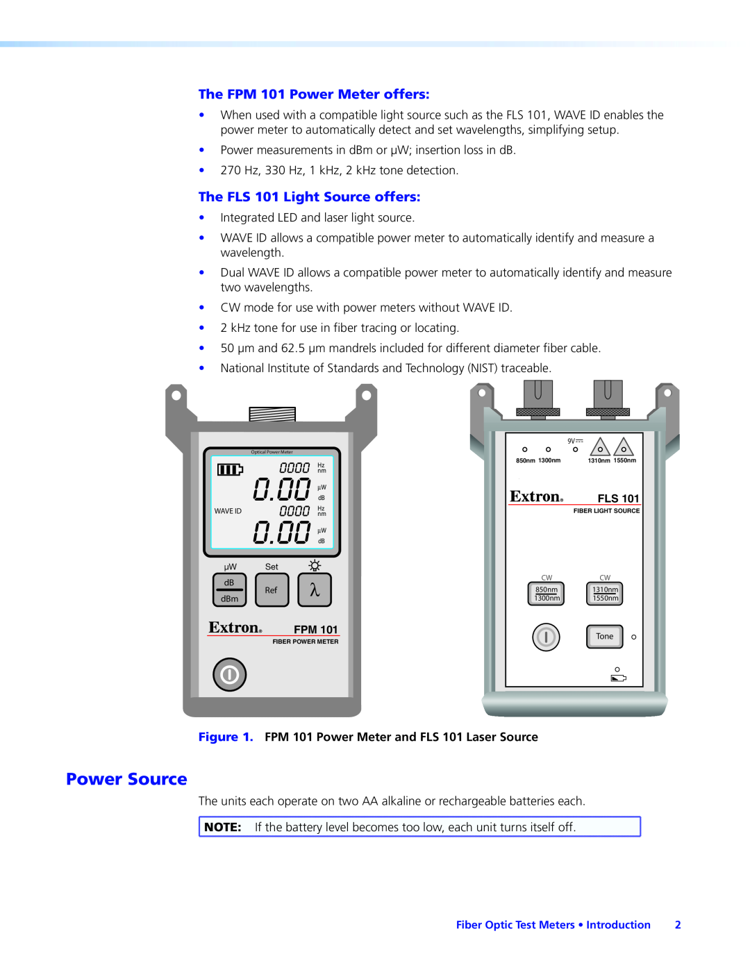 Extron electronic manual Power Source, 0000, The FPM 101 Power Meter offers, The FLS 101 Light Source offers, 0.00 
