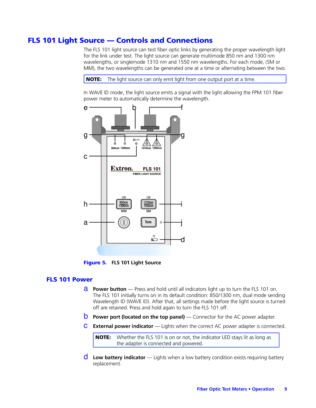 Extron electronic FPM 101 manual FLS 101 Light Source Controls and Connections, FLS 101 Power 