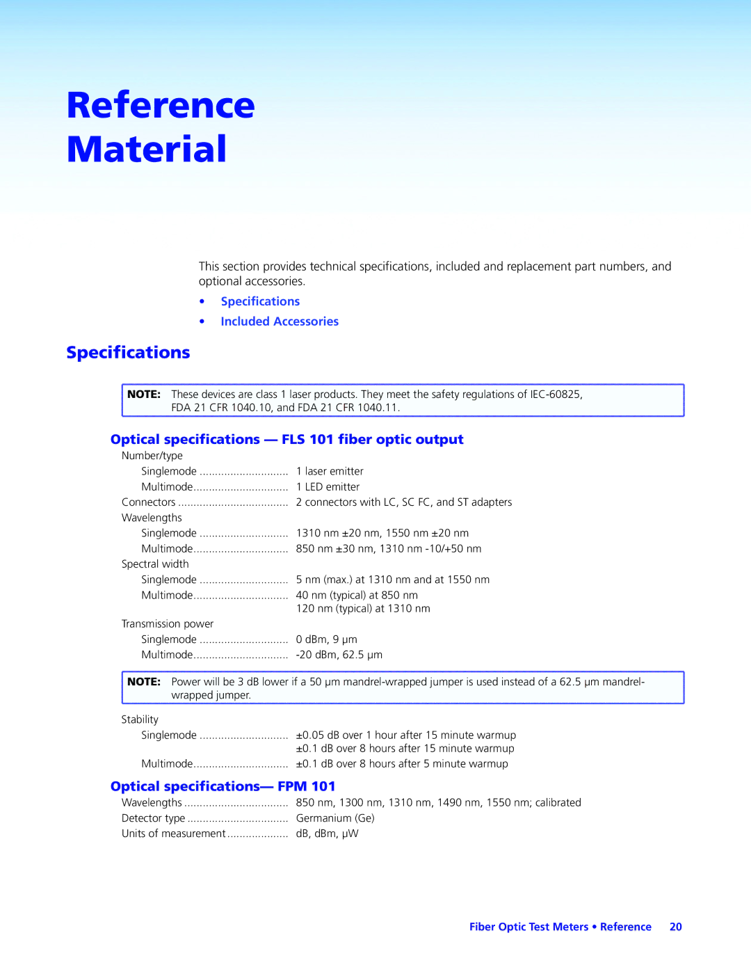 Extron electronic manual Specifications, Optical specifications FLS 101 fiber optic output, Optical specifications- FPM 